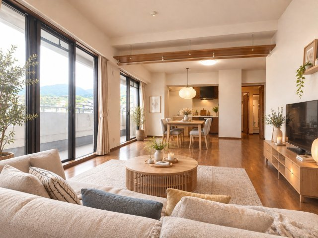 御影ロジュマンの居間・リビング|約19.4帖の広々としたLDKは、二面バルコニーに面し、自然光がたっぷり入る明るい空間
窓からは六甲の山並みを望む、開放感のある眺望が魅力です

※画像は家具をレイアウトした場合のイメージです