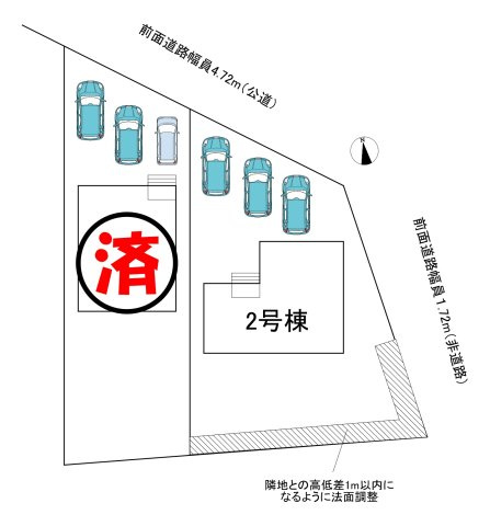 【同施工物件ご案内可能】日進市藤島町五反田　全2棟の区画図|全体区画数｜全2棟
◆駐車並列3台可能！(但し、車種による)
◆前面道路幅員4.7ｍ以上で駐車も楽々です。
◎まずは、お気軽にお問い合わせください。現地を案内しながら周辺環境も見て頂けます。　　　　　