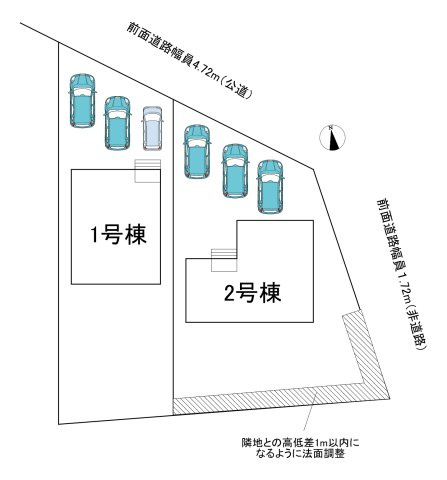 【同施工物件ご案内可能】日進市藤島町五反田　全2棟の区画図|全体区画数｜全2棟
◆駐車並列3台可能！(但し、車種による)
◆前面道路幅員4.7ｍ以上で駐車も楽々です。
◎まずは、お気軽にお問い合わせください。現地を案内しながら周辺環境も見て頂けます。　　　　　