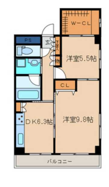 ザ・テレス下馬　南東角部屋　ウォークインクローゼット　風呂サイズ1坪の間取り