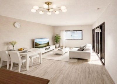 【居間・リビング】 | 芦屋伊勢町ハウス | 【写真ＣＧ加工済】2026年3月フルリフォーム済の綺麗な住まい。南北両面バルコニーのため陽当たり・通風良好