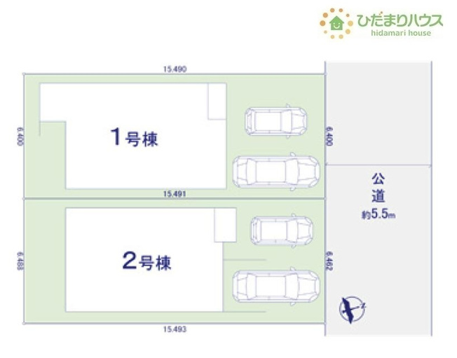 【区画図】 | 我孫子市第3若松　新築戸建　2号棟 | 時間がない時もらくらくと車の出し入れができる並列駐車場を完備！！
（2号棟）