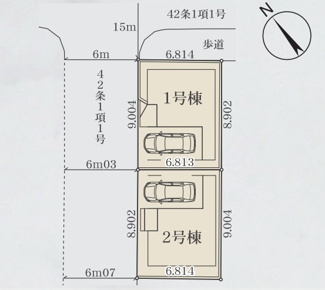 【区画図】 | 平塚市夕陽ヶ丘  1号棟 2期 | ※2号棟成約済　1号棟　角地　北西側約6.0ｍ・北東側約15.0ｍ（歩道含む）各公道　駐車1台（ビルトインガレージ・車種によります）　敷地面積18.4坪
