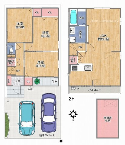 【間取り】 | 八尾市神宮寺5丁目 | 2階建【3LDK＋駐車2台】室内リフォーム済み☆LDK広々約20帖！2階に水廻り設備集約♪2ドア1ルームあり♪食洗機・浴室乾燥機・TVモニターホン完備☆屋根裏収納付きです♪