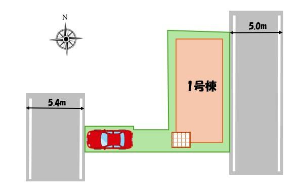 【Livele Garden.S】小平市小川東町４期の区画図|2方向の道路に面しているため、陽当り・風通しが良いです♪前面道路は交通量少なめの5.4ｍ道路。
