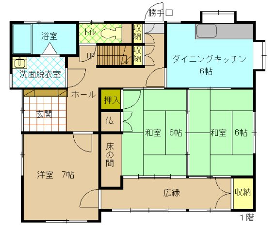 小郡市寺福童売中古一戸建の間取り|和室が２部屋と洋室がある１階です。