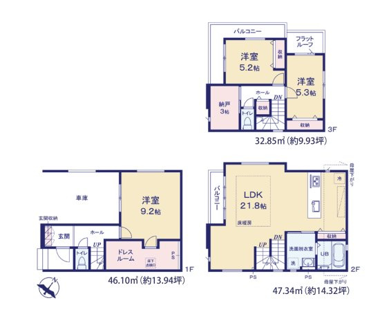 大野城市仲畑4丁目第1-2棟（1号棟）　の間取り|全居室収納付きで便利です。