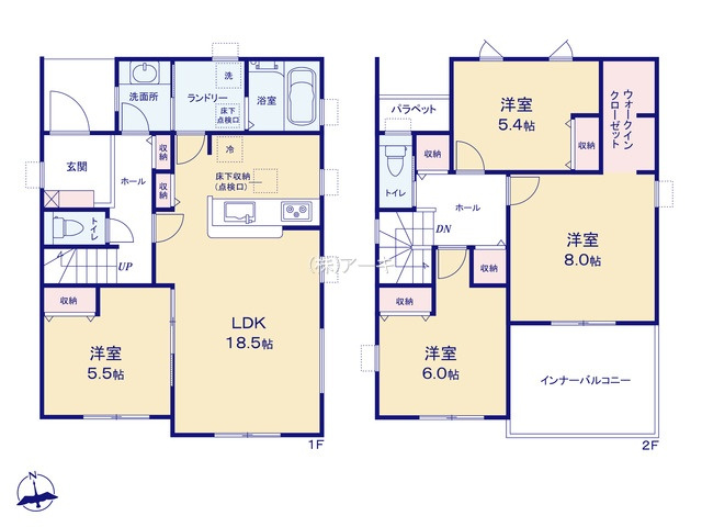 碧南市棚尾本町四丁目３番『仲介手数料無料』新築戸建ての間取り|　1号棟　1F:LDK16.5帖に隣接する洋室5.5帖はお子様の遊び場・奥様の家事室に便利！ランドリールーム♪2F:主寝室8帖　WIC設置！洋室6帖・洋室5.4帖　CL設置♪南面インナーバルコニー♪