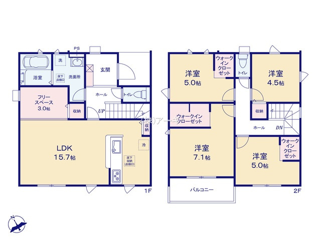 碧南市笹山町一丁目45番地1『仲介手数料無料』新築一戸建て・建売の間取り|　1号棟　1F:LDK15.7帖に隣接するフリースペース3帖はお子様の遊び場・奥様の家事室に便利！2F:主寝室7.1帖・洋室5帖・洋室5帖　WIC設置！洋室4.5帖　CL設置♪南面バルコニー♪