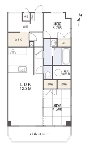レジデンス大手前Ｂ棟の間取り|３ＬＤＫの間取りから、２ＬＤＫ+ＷＩＣ+土間に変更し、収納量を確保しました。