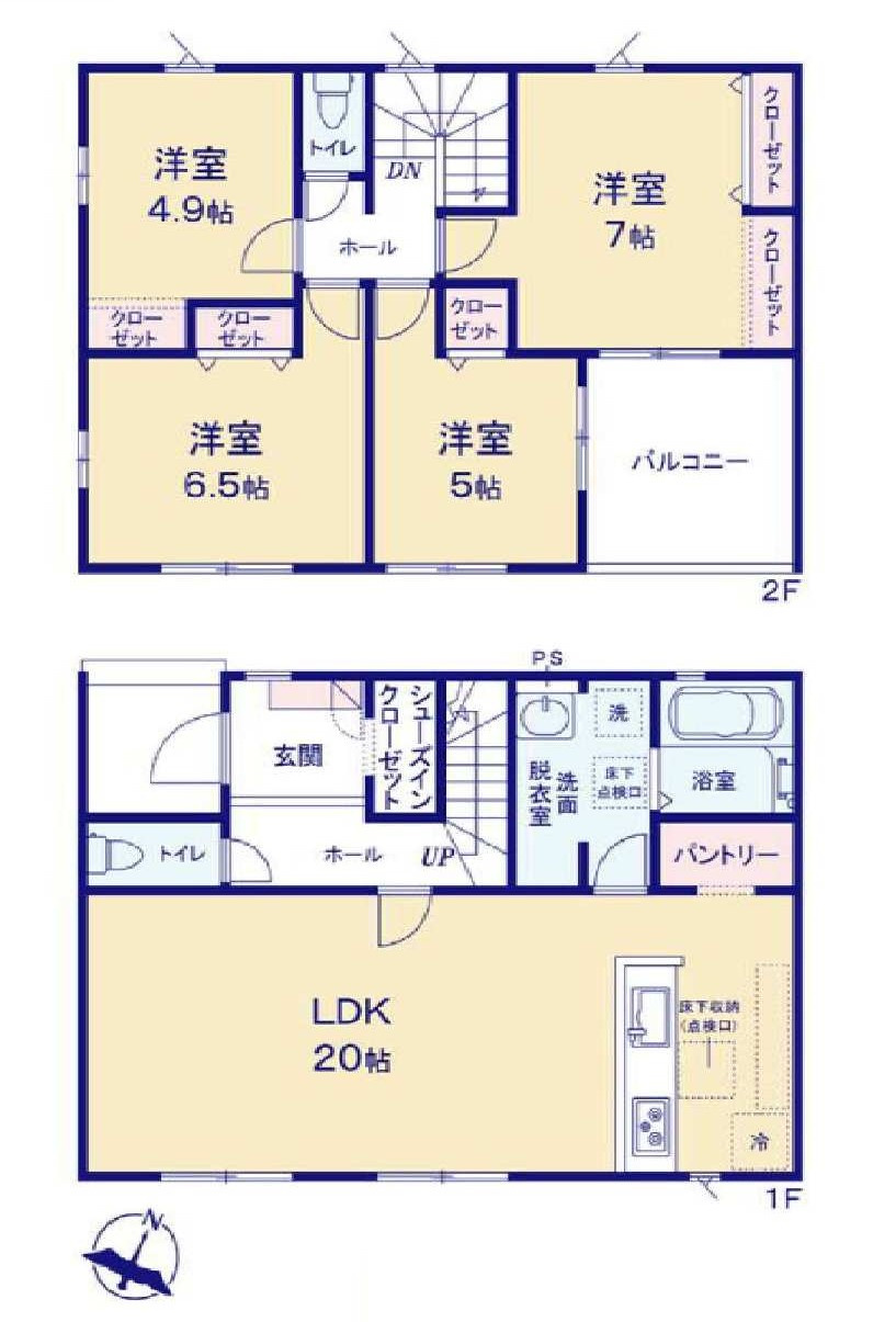 新築　高崎市乗附町1期　2号棟の間取り|建物面積106.93㎡　広々20帖LDK♪シューズインクローク・パントリ―・各部屋収納付きで便利です！インナーバルコニーなので急な雨でもお洗濯物も安心です。
						
