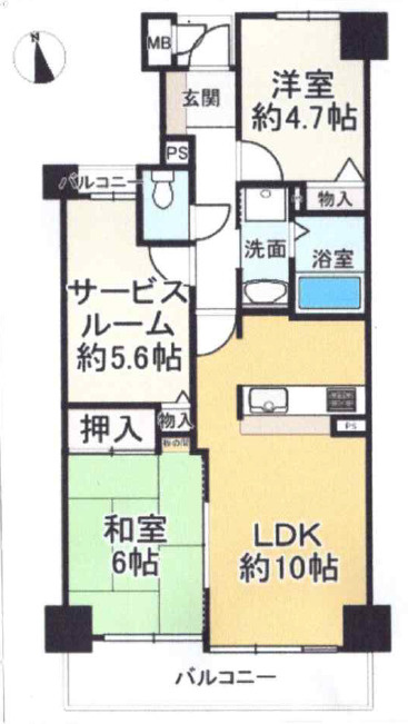 ロイヤルシャトー手柄南　2階の間取り|2LDK＋サービスルームです。