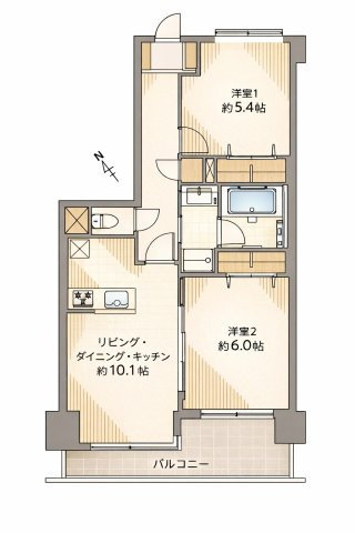 コスモ浦和辻の間取り|南西向きの明るいLDKを中心に、各居室に十分な収納を確保した2LDK。リビング横の洋室を開放すれば、約16.1帖の広々とした空間としても活用でき、ライフスタイルに合わせた柔軟な住まい方が可能です。