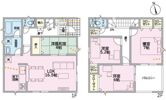 【間取り】 | 東広島市西条町田口字小滝原（全1棟） | LDK16.5帖のゆとりある空間に、水回りを集約させた家事効率の良い4LDK。全居室に収納を完備し、主寝室には大型のクローゼットを採用。南向きのインナーバルコニーで、家全体に光と風を採り込む設計です。