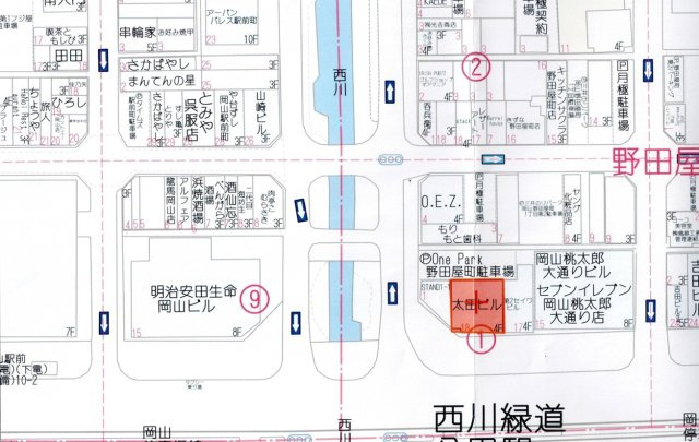 野田屋町1丁目桃太郎大通り沿い4階建テナントビルの地図