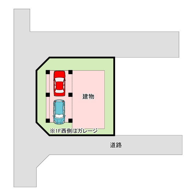 山形市東原町4丁目の区画図|1F西側はガレージとなっており、南北両方から入庫可能です◎