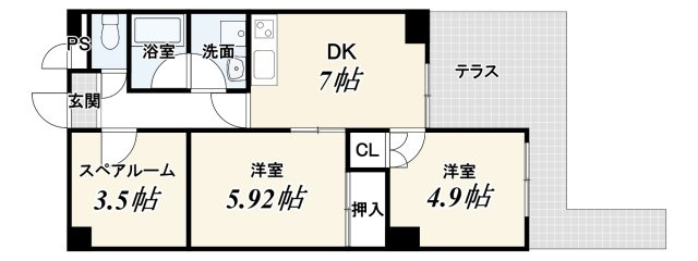 パークテラス桂川の間取り|3DK、価格1780万円、専有面積58.84m2