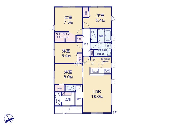 碧南市棚尾本町四丁目３番『仲介手数料無料』新築一戸建て・建売の間取り|　3号棟　平屋建て　1F:LDK16帖に隣接する洋室6帖はお子様の遊び場・奥様の家事室に便利！主寝室7.5帖　WIC設置！洋室5.4帖・洋室5.4帖　CL設置♪廊下収納♪シューズクローク♪