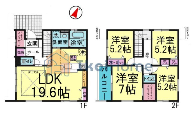 神戸市西区秋葉台1丁目　新築戸建の間取り|4LDKの間取り！LDKは19帖以上ございます！設備充実！各部屋収納・WIC完備！