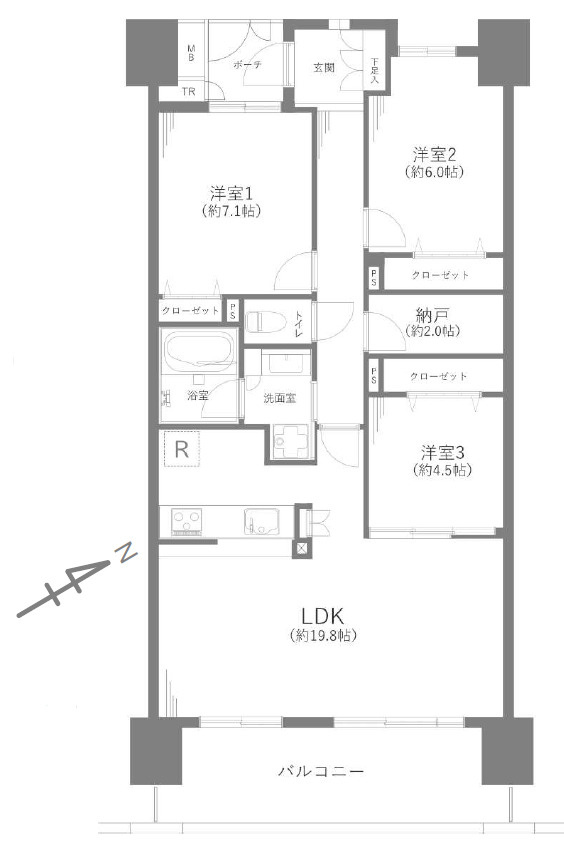 フェアヒルズ南大沢シエルコートの間取り|3LDK+S（納戸）、価格4799万円、専有面積87.04m²、バルコニー面積13.6m²