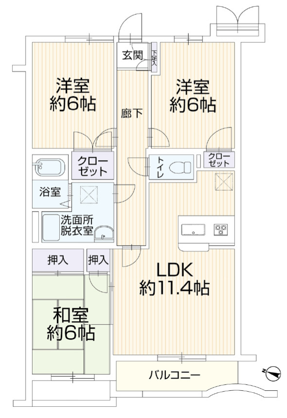 ビーグルマンション東大和の間取り|3LDK、価格2999万円、専有面積66.88m²、バルコニー面積5.81m² 《間取図》3LDK