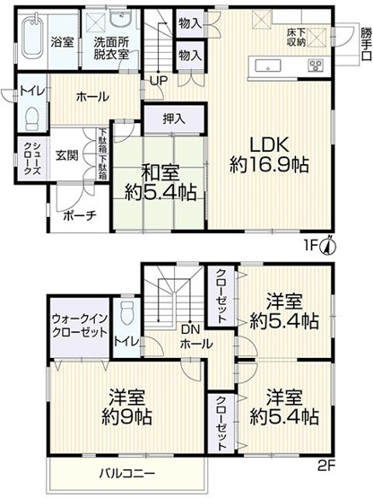 【間取り】 | 小郡市二森　戸建て | 床下収納やウォークインクローゼットなど収納豊富な3LDK！二階の洋室は二部屋に仕切ることも可能です