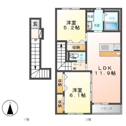 宇都宮市ゆいの杜７丁目のアパートの間取り