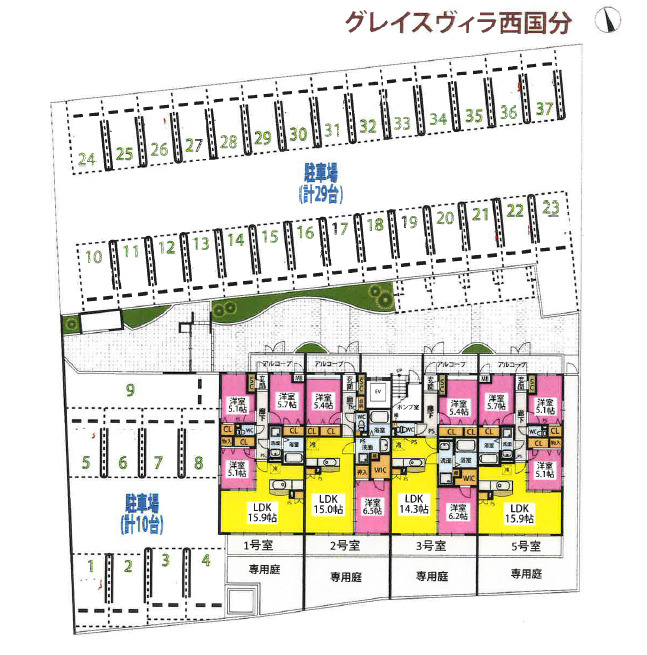 グレースヴィラ西国分　駐車場の区画図|他に4と23(縦列)、36に空きがあります！