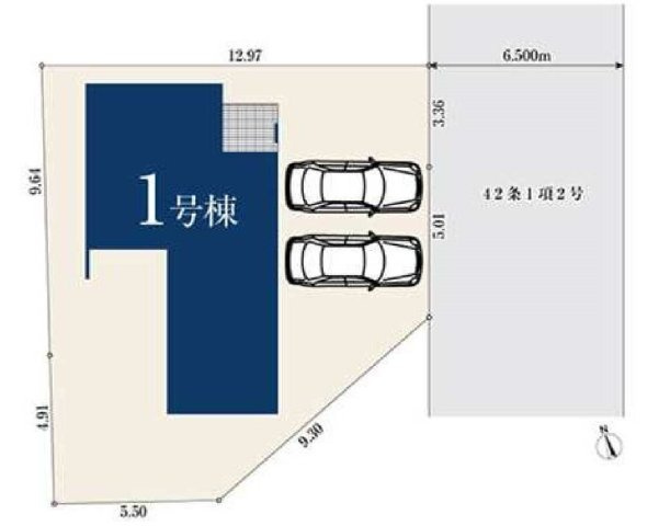 【車と暮らすゆとりのある住まい】並列2台駐車可×16帖LDK｜狩場インター近くの快適動線｜★仲介手数料無料★の区画図|敷地はゆとりのある配置で、カースペース2台分を確保。前面道路も広く、車の出し入れがしやすい設計です。隣地との距離も保たれ、開放感とプライバシー性を兼ね備えた区画です。
