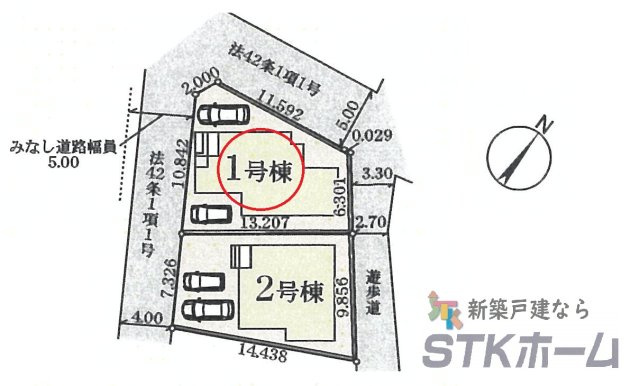 仲介手数料無料　上尾市瓦葺1366-4　新築戸建　全2棟の区画図