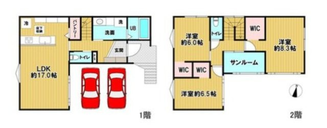 【間取り】 | 緑井８丁目　３ＬＤＫ新築 | 新しいバイパス高架道路、八木緑井エリア商業施設とアクセス良　オール電化住宅　車２台が駐車可能　高台で日当たり眺望も良好　サンルームつき　各居室にＷＩＣ（ウォークインクローゼット）つき