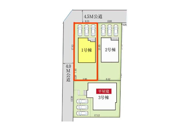 新築　太田市牛沢町　GRAFARE　1号棟の区画図|1号棟　区画図　北側接道幅員4.5約ｍ　西側接道幅員約4ｍ		
	
