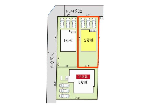 新築　太田市牛沢町　GRAFARE　2号棟の区画図|2号棟　区画図　北側接道幅員4.5約ｍ	
	
