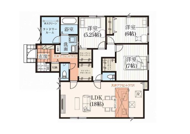 【間取り】 | 新築　太田市牛沢町　GRAFARE　3号棟 | 建物面積96.47㎡　広々18帖LDKの平屋のお家！シューズインクローク・ウォークインクローゼット・各部屋収納付き！ランドリールーム付きなので、お天気・花粉を気にせずにお洗濯ができます。
