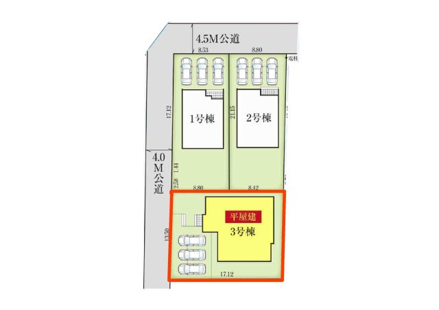 【区画図】 | 新築　太田市牛沢町　GRAFARE　3号棟 | 3号棟　区画図　西側接道幅員約4ｍ		
	
