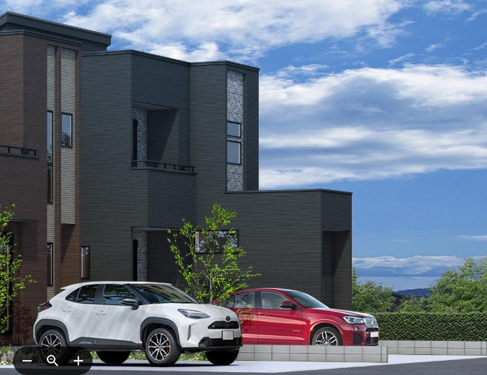 【テラス付】タマタウン南国大そねVI　5号地新築一戸建ての外観パース|ゆとりある駐車スペースとモダンな外観が魅力☆