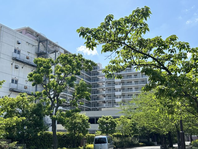 サングランデ桜橋の外観|落ち着いた街並みに寄り添う外観。公園やスーパーも近く、穏やかな暮らしを育むアットホームな環境です