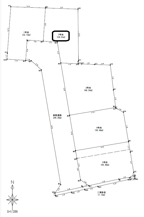 鴨部　2号地　建築条件付き　売土地　（全5区画）の区画図|2号棟　土地面積　134.01㎡　（約40.53坪）