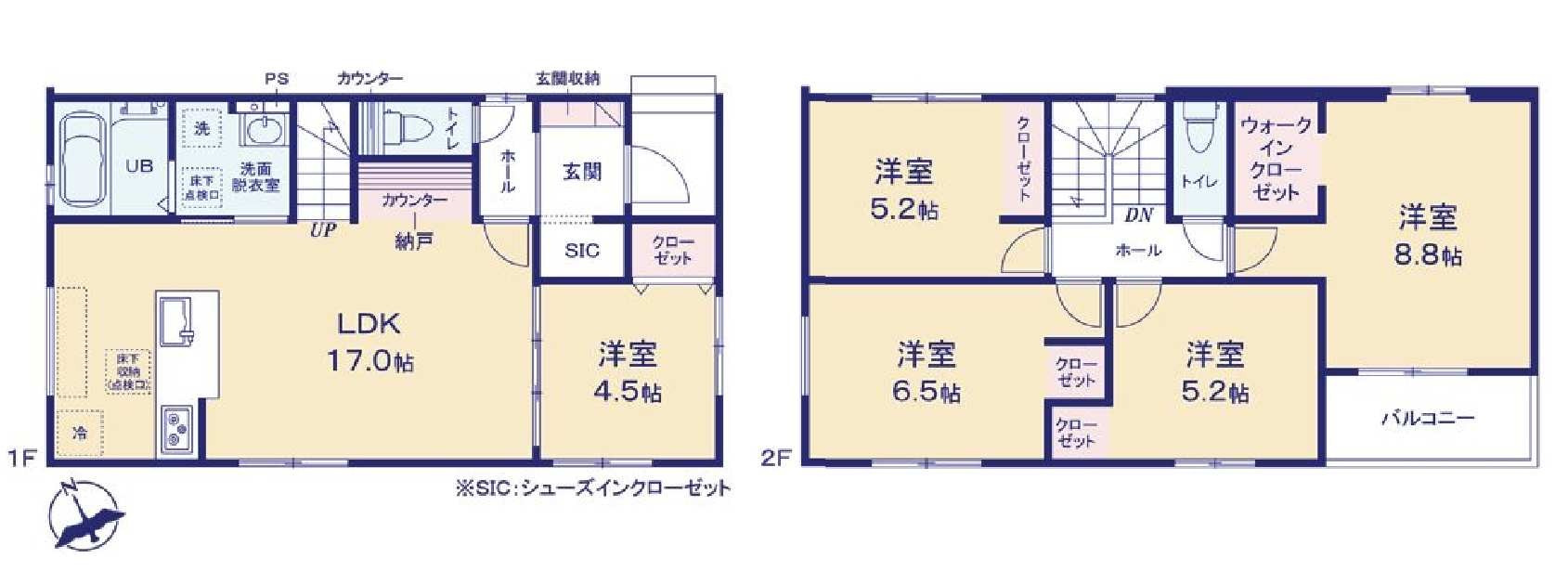 新築　伊勢崎市堀下町1期　1号棟の間取り|建物面積108.01㎡　シューズインクローク・ウォークインクローゼット・各部屋収納付きで便利です！日当たりの良い広々バルコニーは気持ち良くお洗濯物が干せます！							
