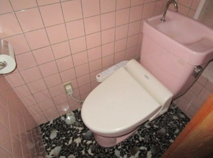 【水回りリフォーム済】高知市十津1丁目　中古一戸建てのトイレ|ピンクのタイルがアクセントのトイレ空間