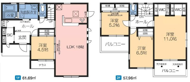 新築　北群馬郡榛東村新井　1号棟の間取り|建物面積119.65㎡　広々18帖のLDK・全居室南向きで日当たり良好！ウォークインクローゼット・各部屋収納付き！日当たりの良いバルコニーは気持ちよく洗濯物が干せます♪							
								