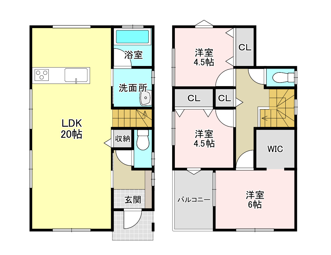 西伊敷3丁目　新築戸建ての間取り|20帖のLDKや収納豊富なウォークインクローゼットが魅力の3LDK！
