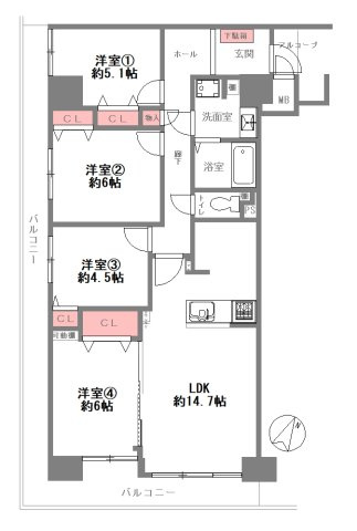 【間取り】 | ファミールパーク鶴見 | 【南西角住戸☆室内水廻り設備一新！全面リフォーム済み☆安心の新調設備保証付き☆食洗機＆浄水器・浴室乾燥機完備☆レースカーテン付き☆引廻しの2面バルコニー☆】