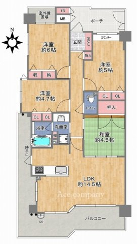 【間取り】 | ユニ・アルス平野プレジオ | 【南西角住戸4LDK！室内、水廻り設備新調を含む全面リフォーム済み☆食洗機・バス追炊機能・浴室乾燥機完備☆引き廻しの2面バルコニー☆玄関ポーチ付☆キッチンに勝手口付きです☆】