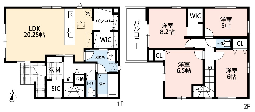 小牧市大字東田中　新築戸建　１号棟の間取り|広々LDK20.25帖！収納豊富！広々パントリー＆シューズインクローゼットあり♪
１階＆２階にウォークインクローゼットあり。
