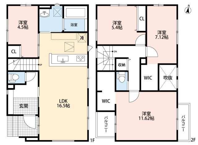 小牧市大字東田中　新築戸建　２号棟の間取り|リビングに吹き抜けあり。ウォークインクローゼット２ヶ所あり。
主寝室広々11.62帖！
