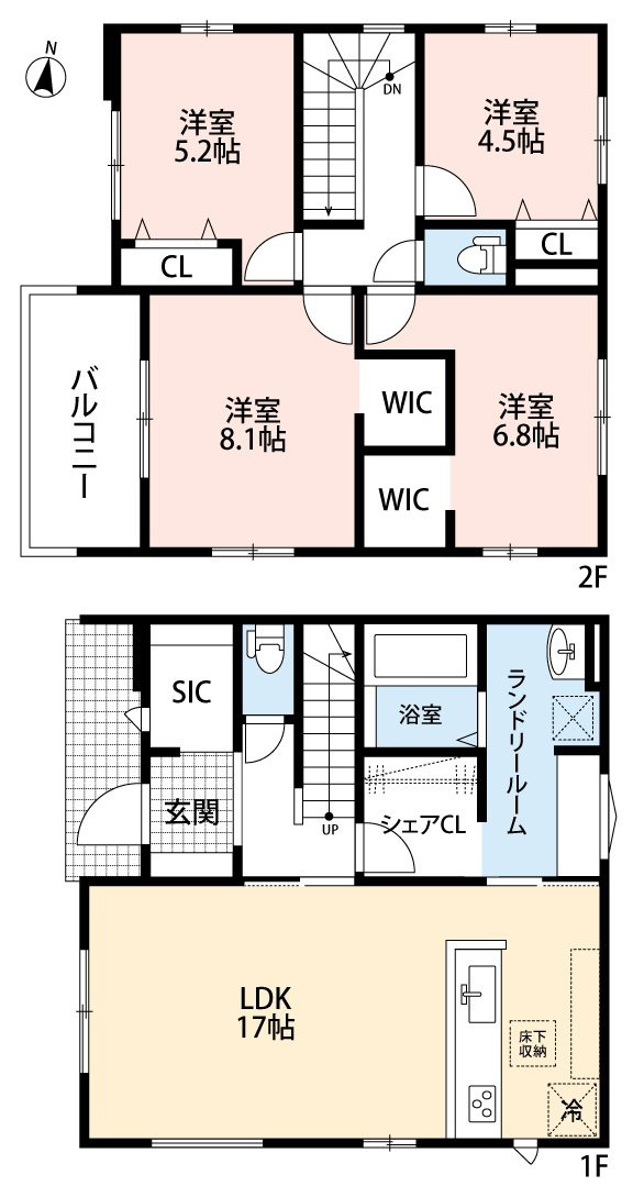 小牧市大字東田中　新築戸建　３号棟の間取り|広々ランドリールームあり。収納豊富！
シューズインクローゼットあり♪１階＆２階にウォークインクローゼットあり。
