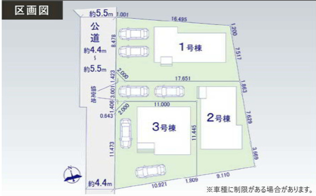 【区画図】 | 8/17値下げ！前橋市北代田町1期1号棟　並列3台♪
