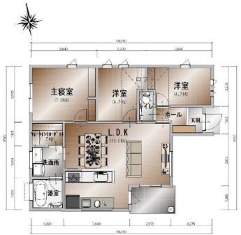 南国市大そねA号地　平屋新築一戸建ての居間・リビング|開放感あふれる木目調の天井。シーリングファンが回る上質な空間