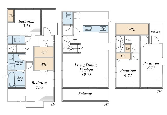 【間取り】 | 葛飾区小菅3丁目　新築戸建 | 新規公開！建物面積100㎡超の４LDK＋P！LDK19.5帖、玄関にはシューズインクローゼット、主寝室にはウォークインクローゼット付♪南面バルコニーの温かい陽射しが射し込む新築戸建です。